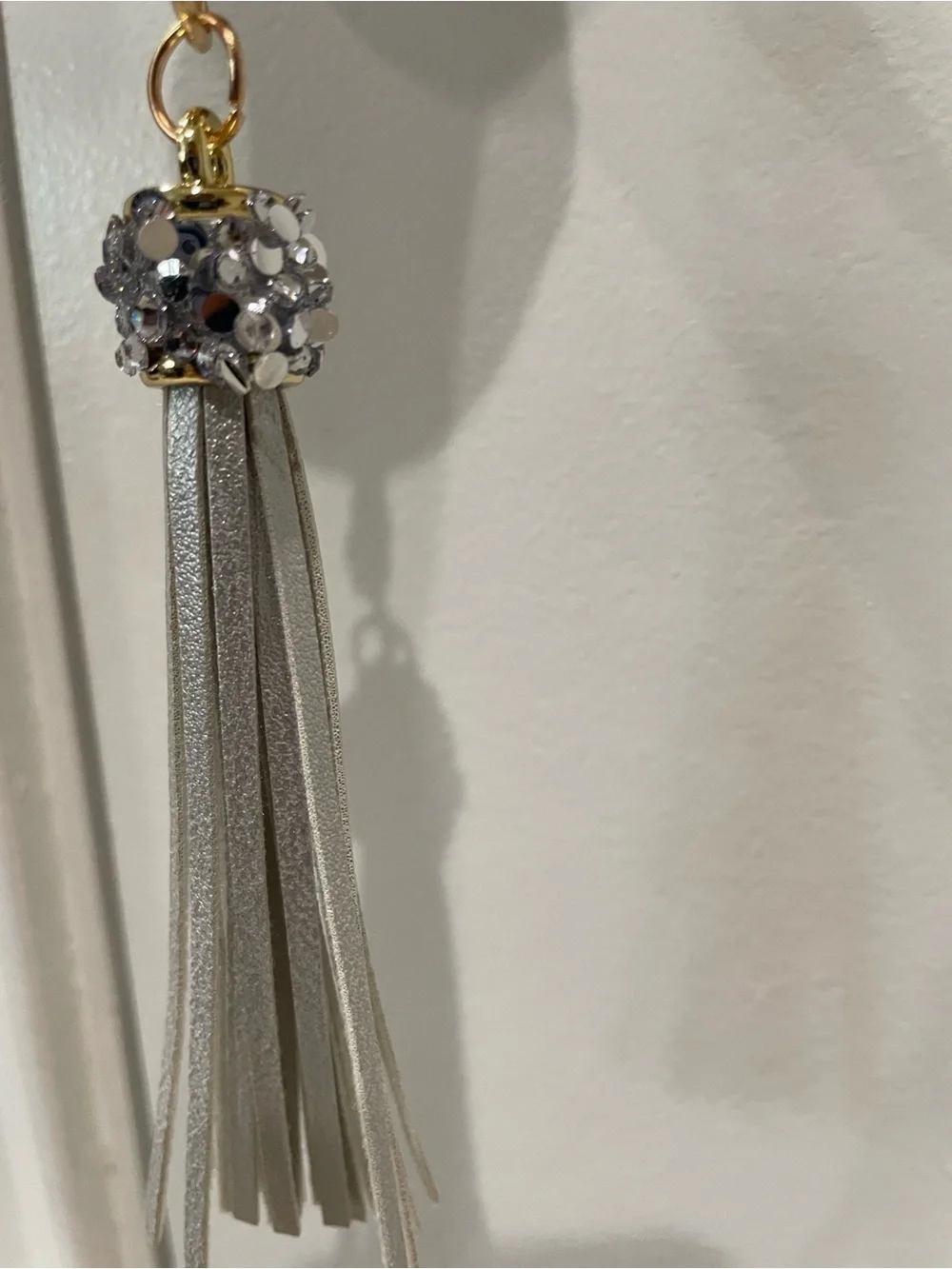 Blinged Keychain w gray leather fringe 🔑 Has goldtone hardware 🗝️ Brand New